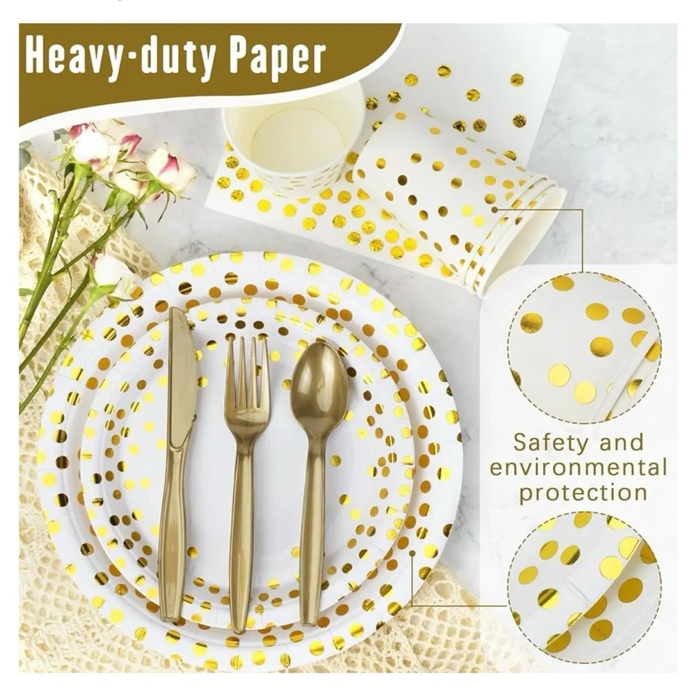 NWT Lzerking Party Supplies Set - 210 Pieces of White and Gold Dot